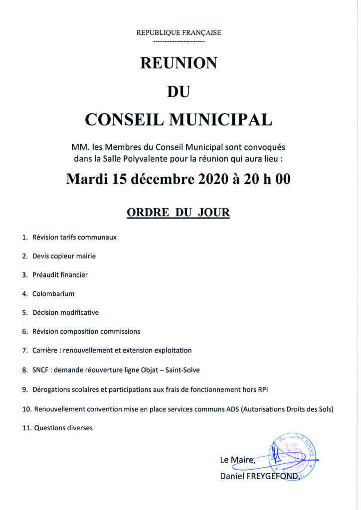Réunion du Conseil Municipal le 15 décembre 2020