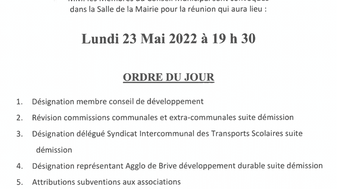 Réunion du conseil municipal du Lundi 23 Mai 2022
