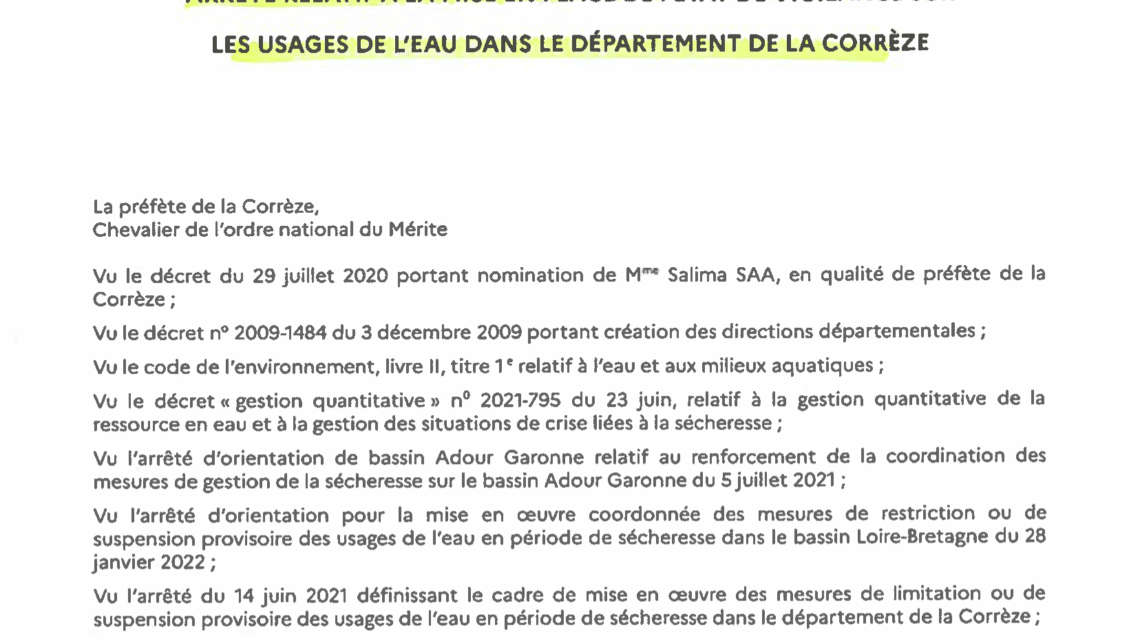 Arrêté relatif à la mise en place de l’état de vigilance sur les usages de l’eau dans le département de la Corrèze