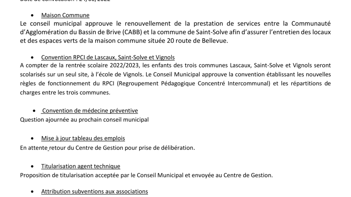 Compte rendu de la Réunion du conseil municipal du Mercredi 29 Juin 2022