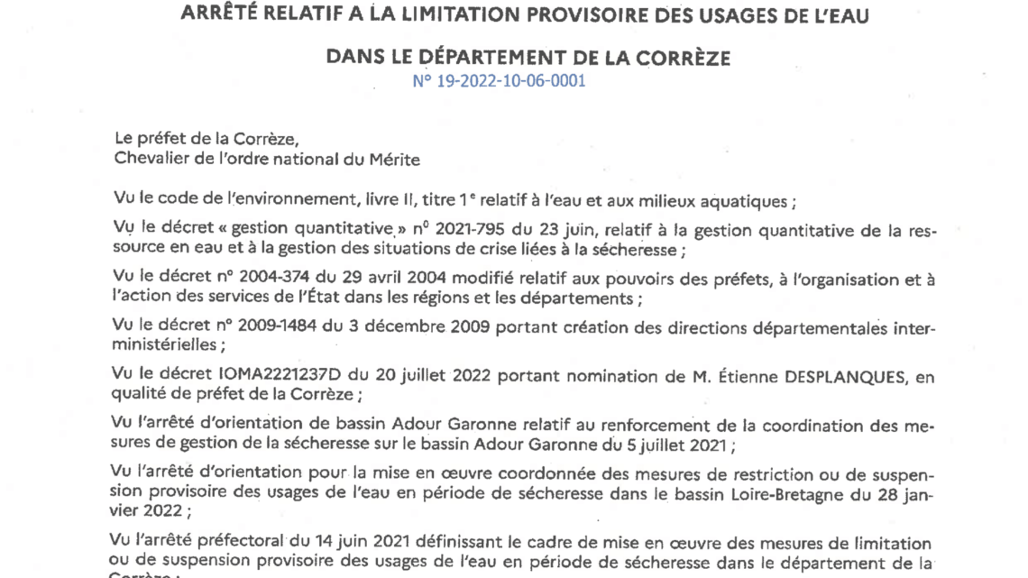 Arrêté de limitation des usages de l’eau dans le département de la Corrèze du 6 octobre 2022
