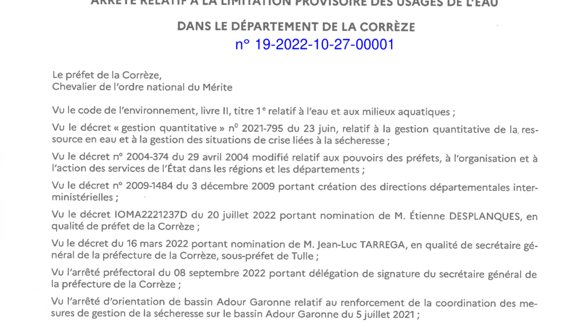 Arrêté de limitation des usages de l’eau dans le département de la Corrèze du 27 octobre 2022