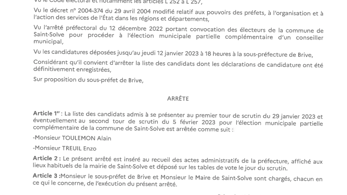 Arrêté fixant la limite des candidats admis à se présenter à l’élection municipale partielle complémentaire de la commune de Saint-Solve des 29 janvier et 5 février 2023