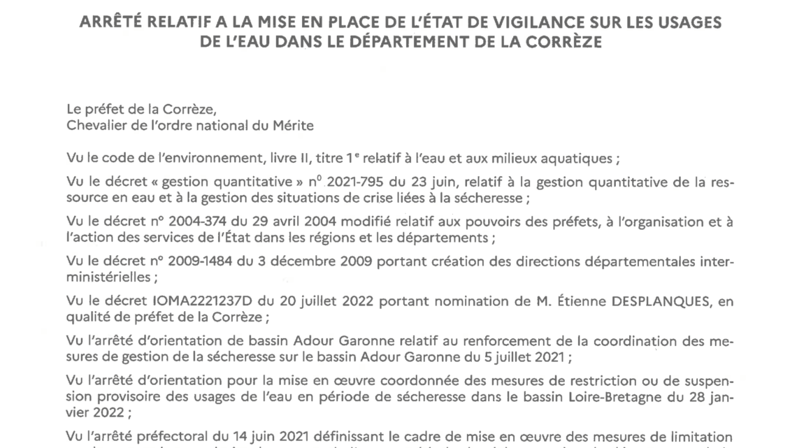 Arrêté du 6 mars 2023 relatif au déclenchement du niveau de vigilance sécheresse dans le département de la Corrèze