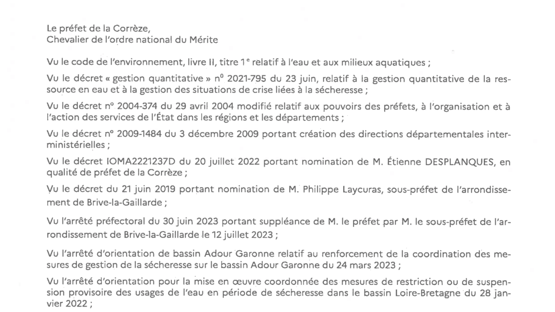 Arrêté relatif : La mise en place de l’état de vigilance sur les usages de l’eau dans le département de la Corrèze